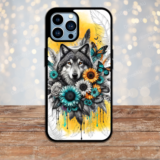 Black and White Wolf with Yellow Watercolour Digital Phone Case Design