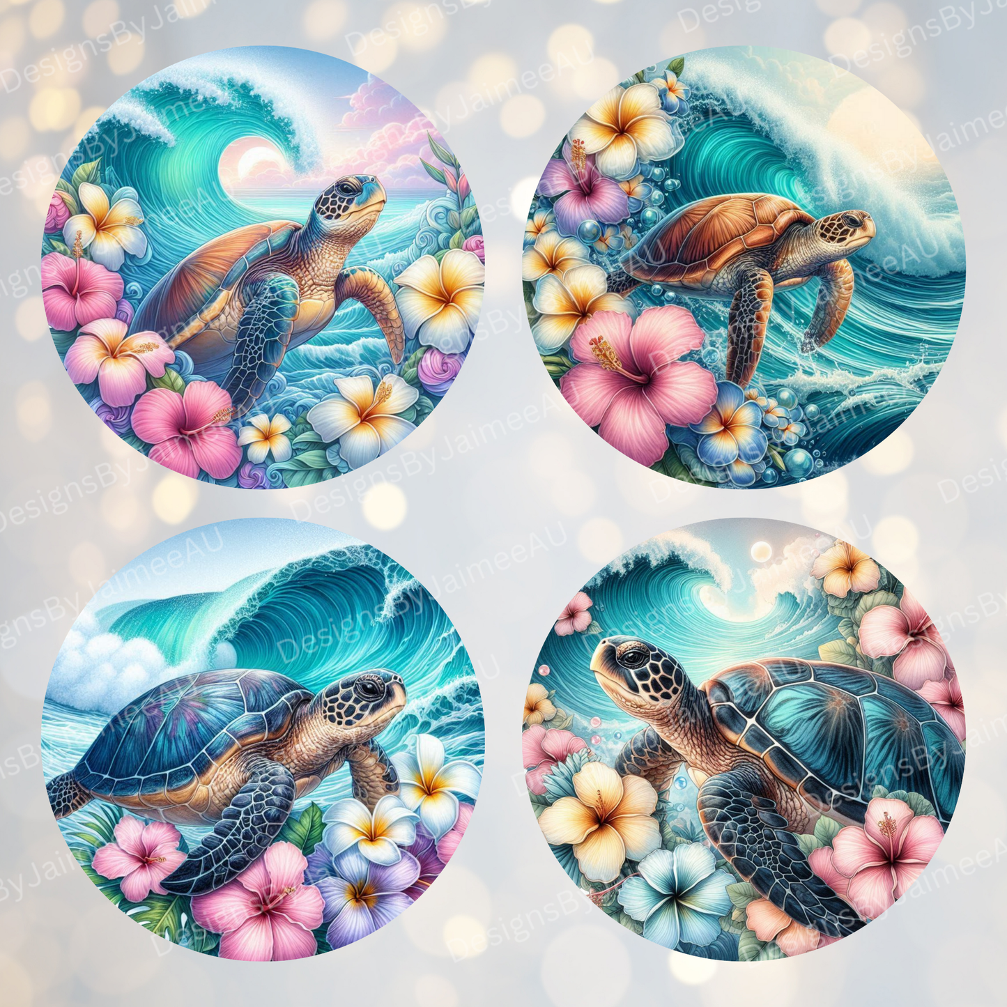 4 Watercolour Tropical Turtle #2 Digital Sublimation Car Coaster Designs