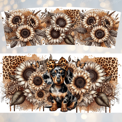 Leopard Print and Sunflowers Dachshund 40oz Digital Sublimation Tumbler Wrap