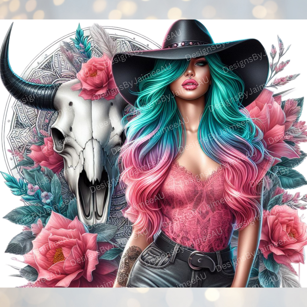 Vibrant Hair, Bull skull, Cowgirl Digital Download 20oz Sublimation Tumbler Wrap