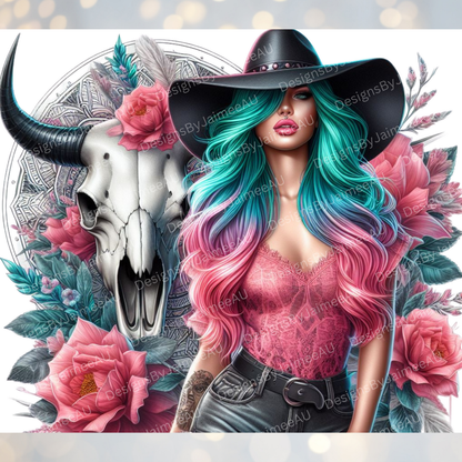 Vibrant Hair, Bull skull, Cowgirl Digital Download 20oz Sublimation Tumbler Wrap