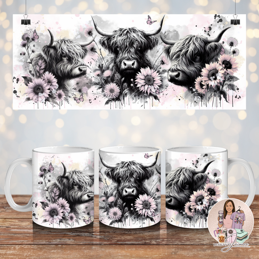 Highland Cows - Black and White With Pastel Wink watercolours - Digital 11oz Sublimation Coffee Mug Design