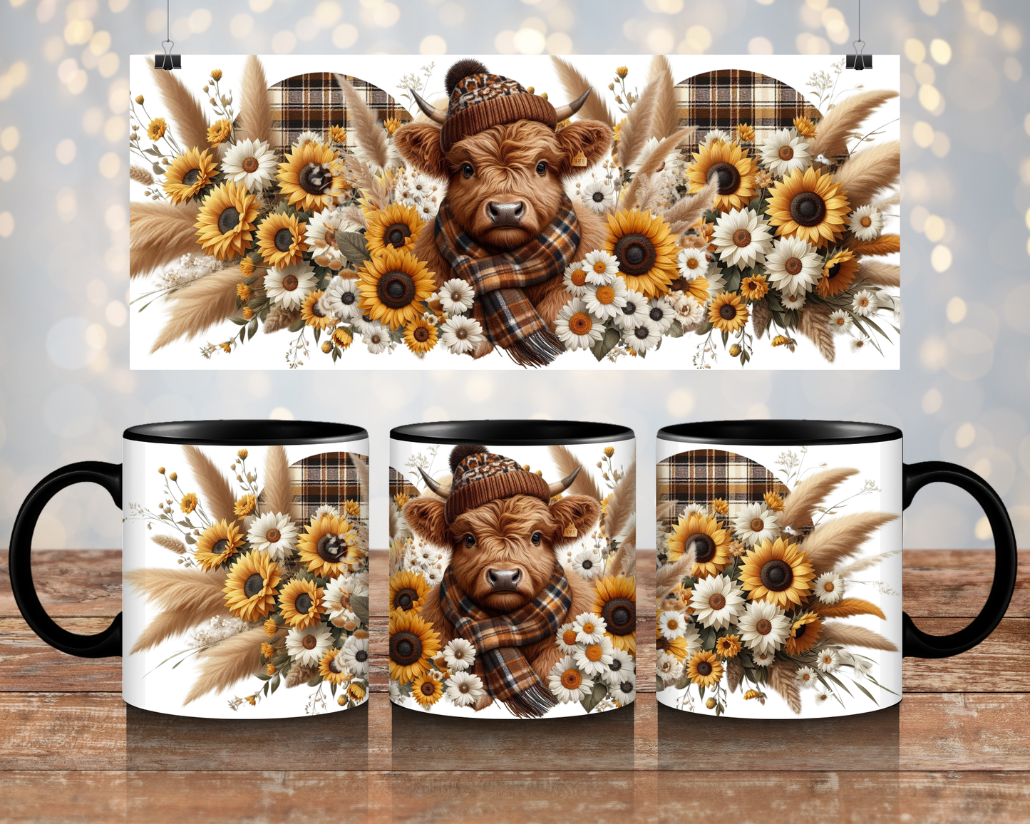 Gingham Highland Cow -Digital 11oz Sublimation Coffee Mug Design