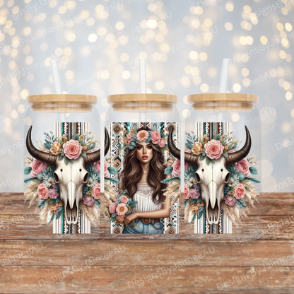 Aztec Bull Skulls and Woman, Pastel-Boho 16oz UV DTF Transfer Wrap PNG Image