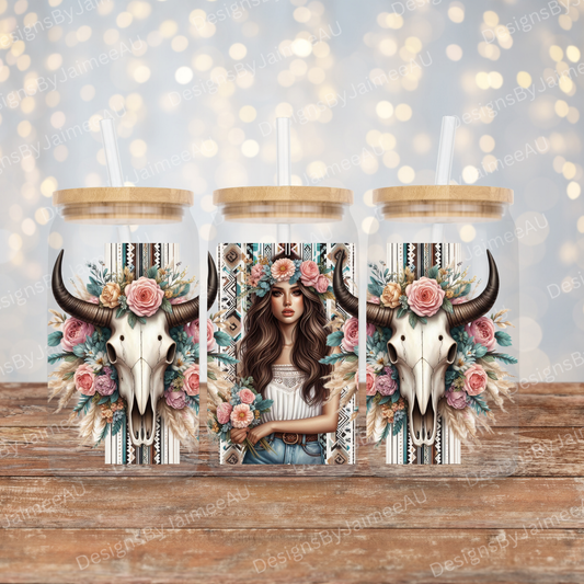 Aztec Bull Skulls and Woman, Pastel-Boho 16oz UV DTF Transfer Wrap PNG Image