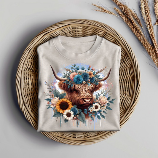 Boho Blue Highland Cow Digital DTF Transfer PNG Image