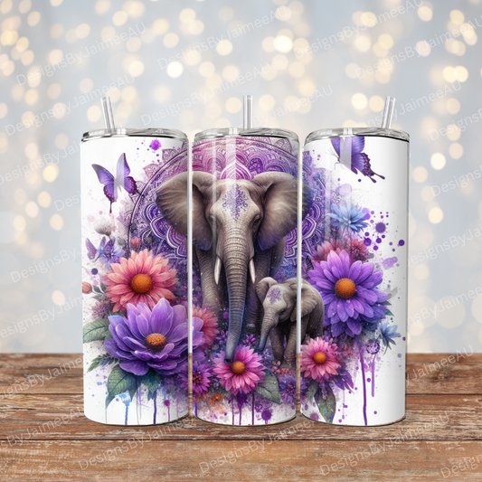Purple Watercolour Elephants #5 Digital 20oz Sublimation Tumbler Wrap
