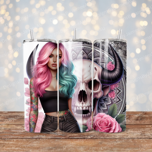 Vibrant Rainbow hair, Mandala, Skull, Floral Digital Download 20oz Sublimation Tumbler Wrap
