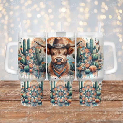 Aztec Orange Country/Western Highland Cow 40oz Digital Sublimation Tumbler Wrap