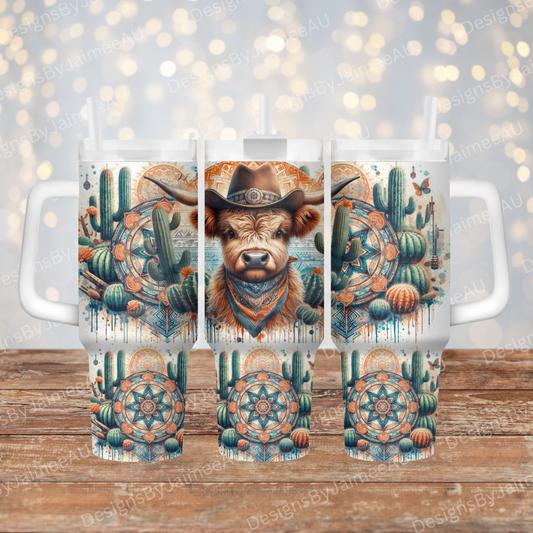 Aztec Orange Country/Western Highland Cow 40oz Digital Sublimation Tumbler Wrap
