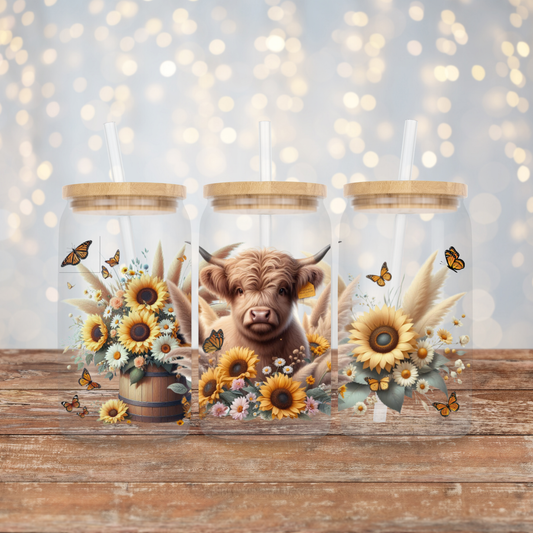 Flowers and Butterflies Highland Cow Digital Download 16oz UV DTF Transfer Wrap PNG Image