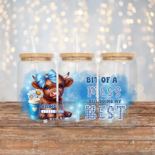 Anxiety Loading Highland Cow "Bit Of A Mess, But Doing My Best" Digital Download 16oz UV DTF Transfer Wrap PNG Image