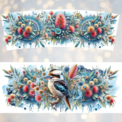 Blue Watercolour Kookaburra and Australian Natives- Digital 30oz Sublimation Tumbler Wrap