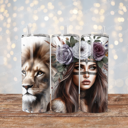 Lion, Warrior Woman, Flower Crown  (Fierce Collection) Digital 20oz Sublimation Tumbler Wrap