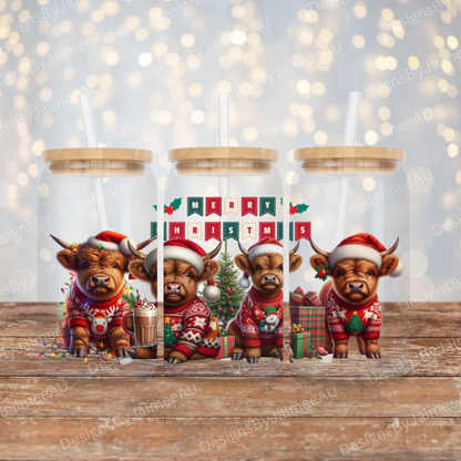 Christmas Highland Cows 16oz UV DTF Transfer Wrap PNG Image