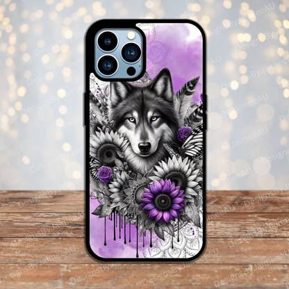Black and White Wolf with Purple Watercolour Digital Phone Case Design
