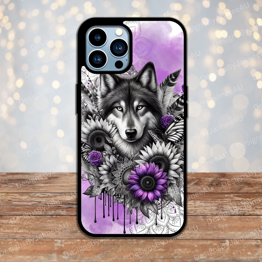 Black and White Wolf with Purple Watercolour Digital Phone Case Design