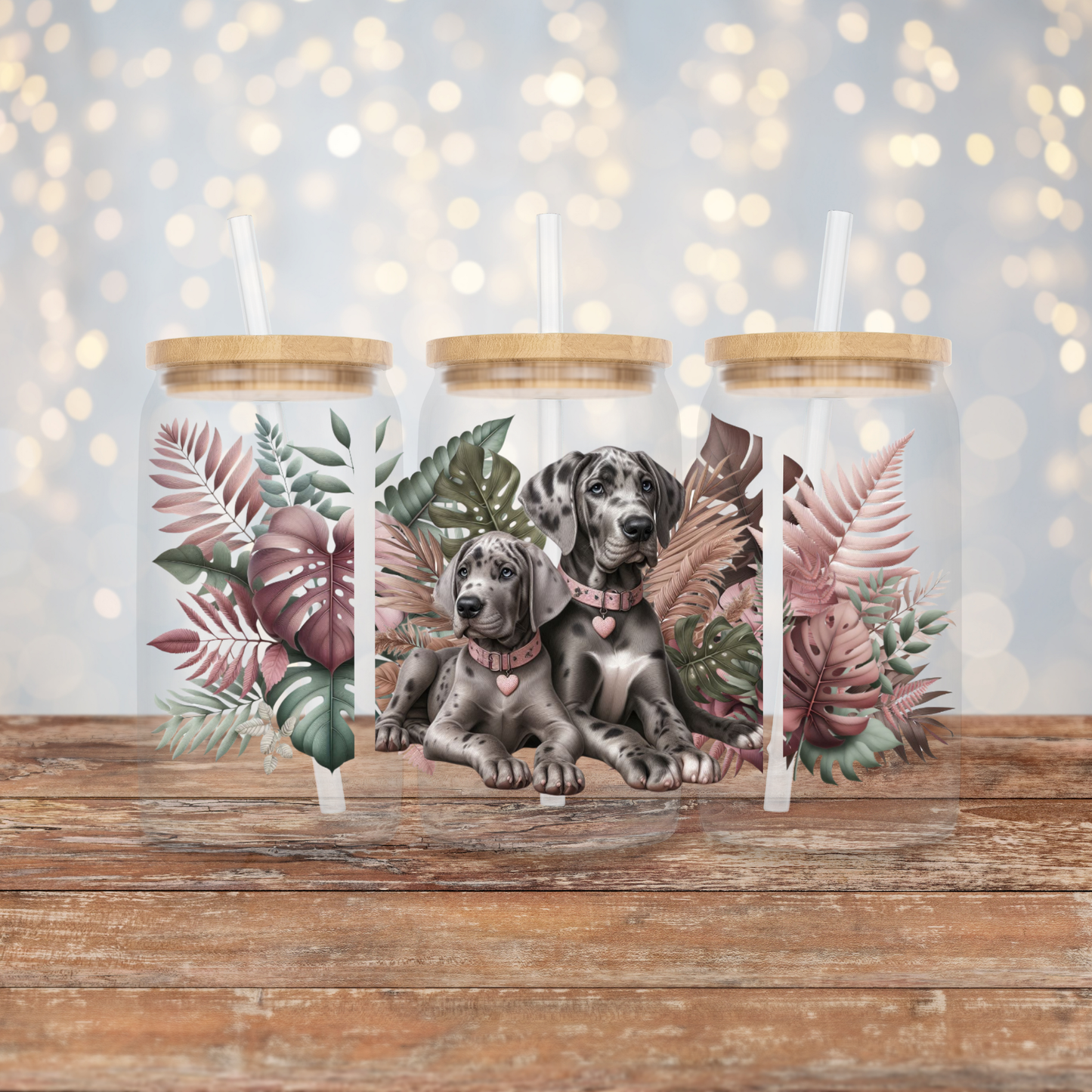 Dusty Pinks and Browns, Great Dane, Tropical Vibes Digital Download 16oz UV DTF Transfer Wrap PNG Image