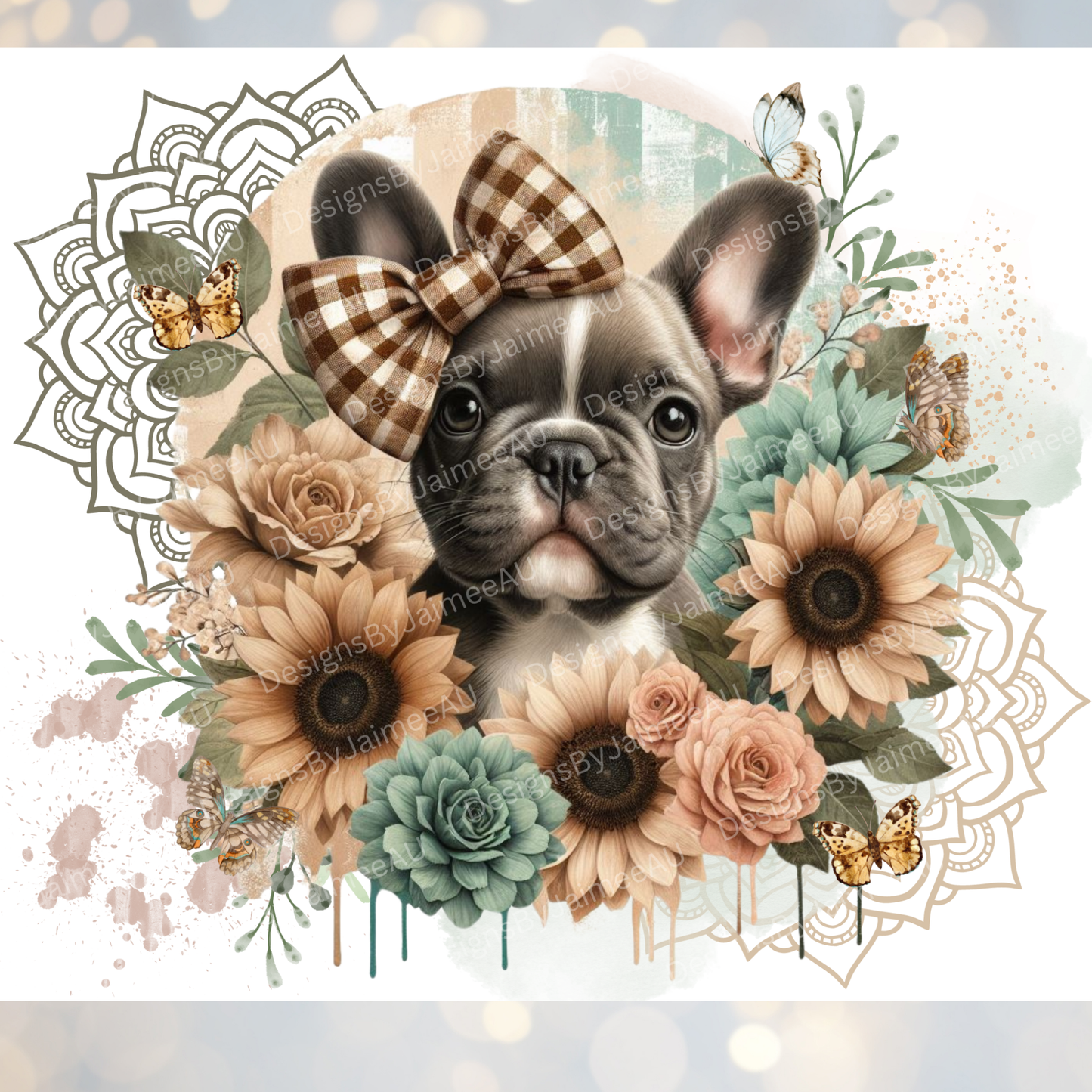 Sunflowers and Daisies French Bulldog Digital 20oz Sublimation Tumbler Wrap