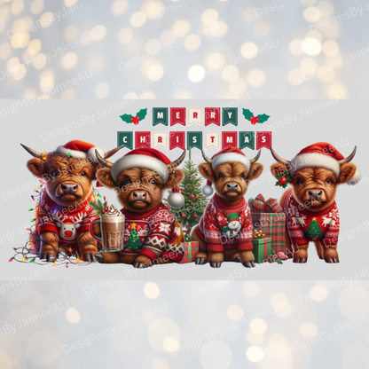 Christmas Highland Cows 16oz UV DTF Transfer Wrap PNG Image