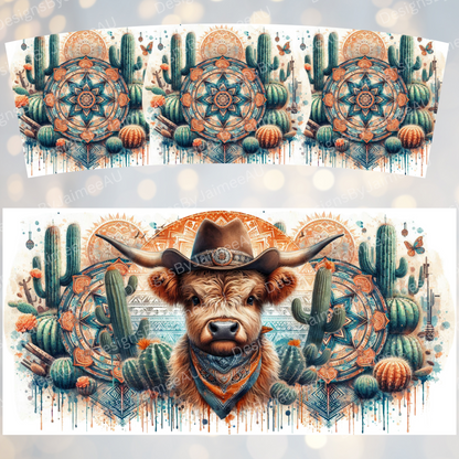 Aztec Orange Country/Western Highland Cow 40oz Digital Sublimation Tumbler Wrap