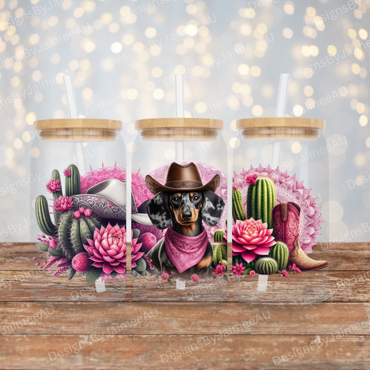 Pink Country/Western - Dapple Dachshund Digital 16oz UV DTF Transfer Wrap PNG Image