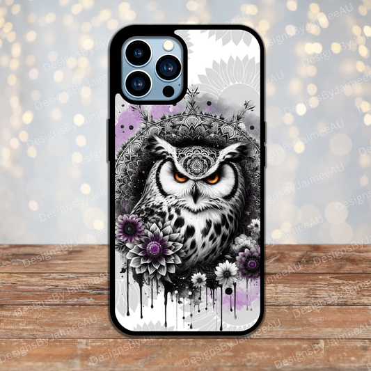 Purple Sunflowers - Black and White Owl Digital Phone Case Design