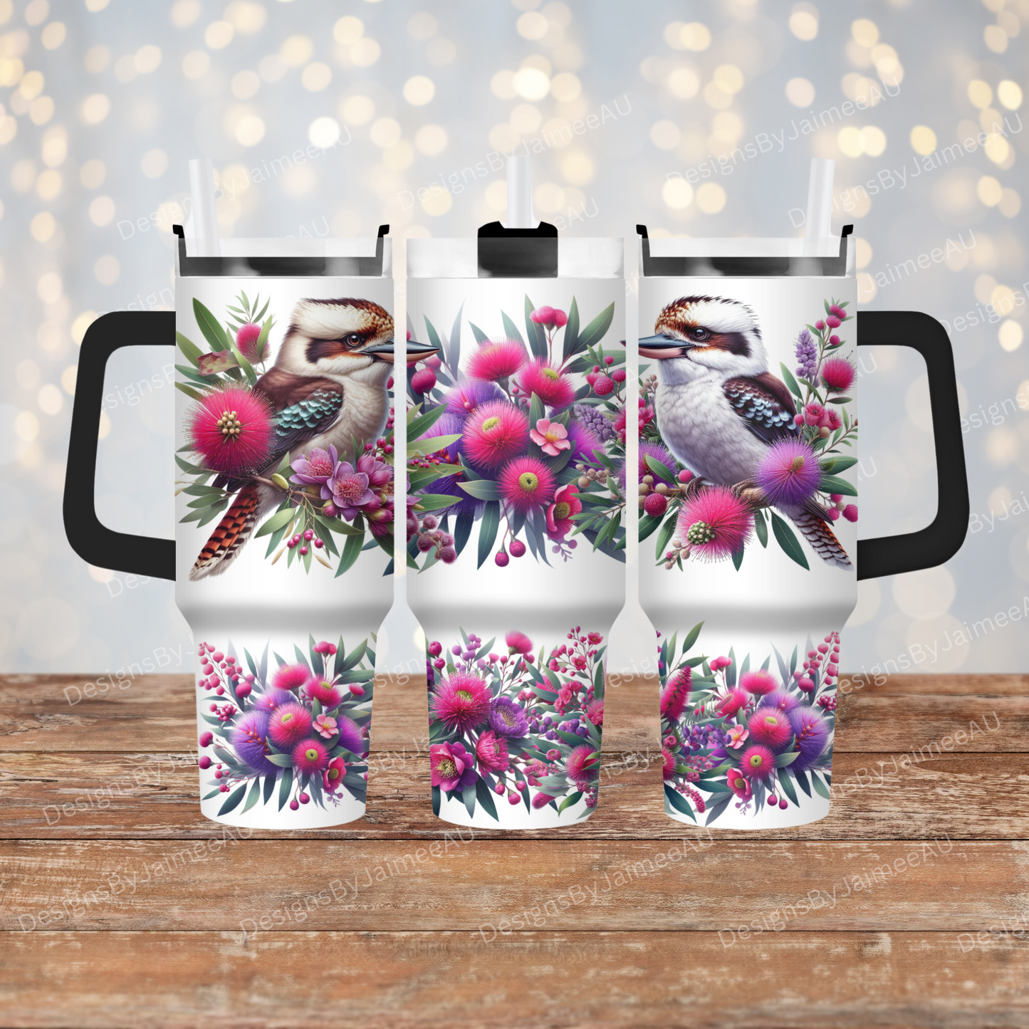 2 Kookaburras Purple Australian Native Flowers 40oz Digital Sublimation Tumbler Wrap