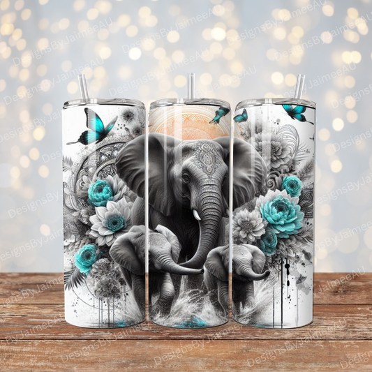 Grey and Turquoise Watercolour Elephants Digital 20oz Sublimation Tumbler Wrap