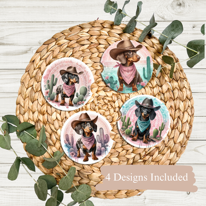 4 Pink Country/Western Dachshund Digital Sublimation Car Coaster Designs