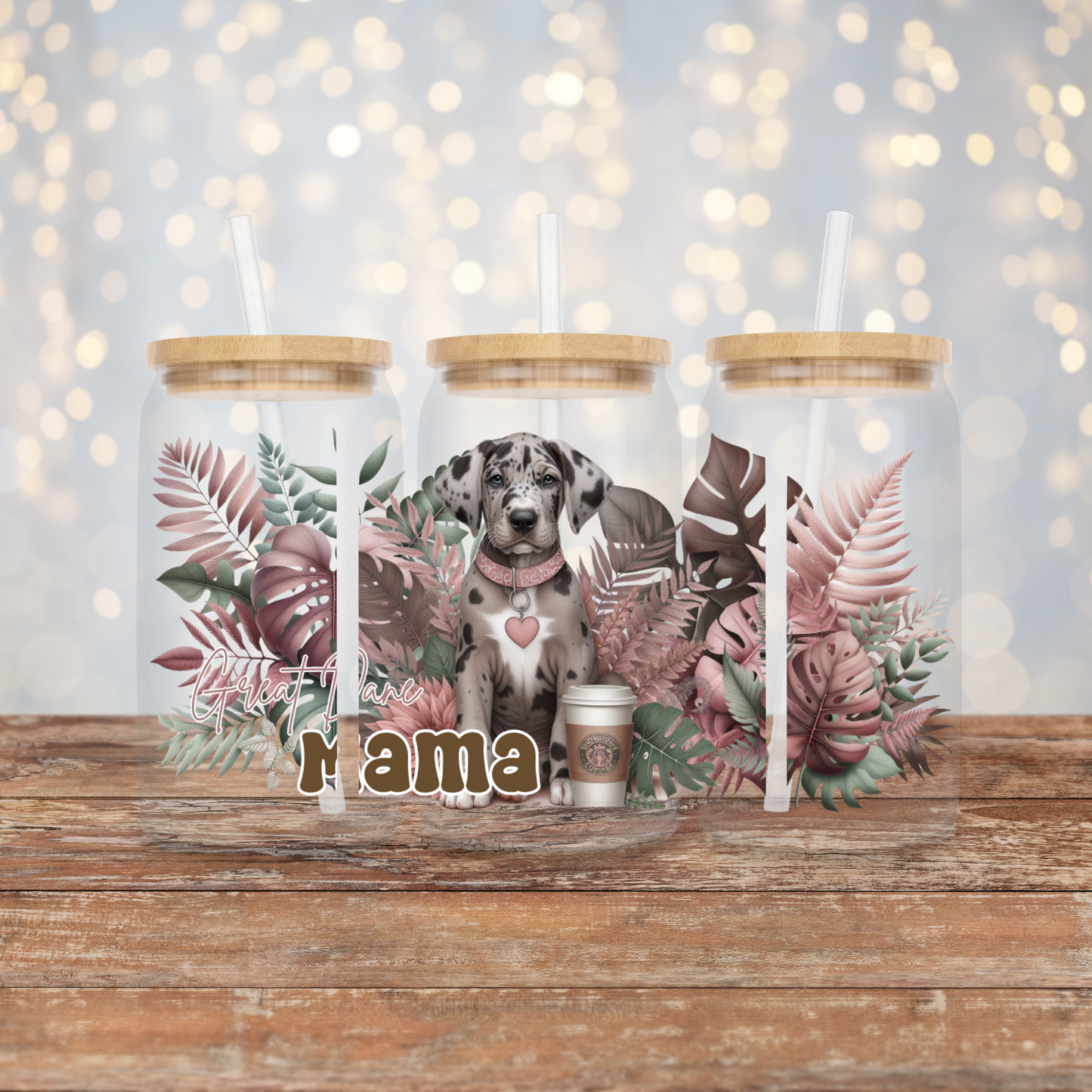 "Great Dane Mama" Tropical Pink Earthy Vibes Digital Download 16oz UV DTF Transfer Wrap PNG Image