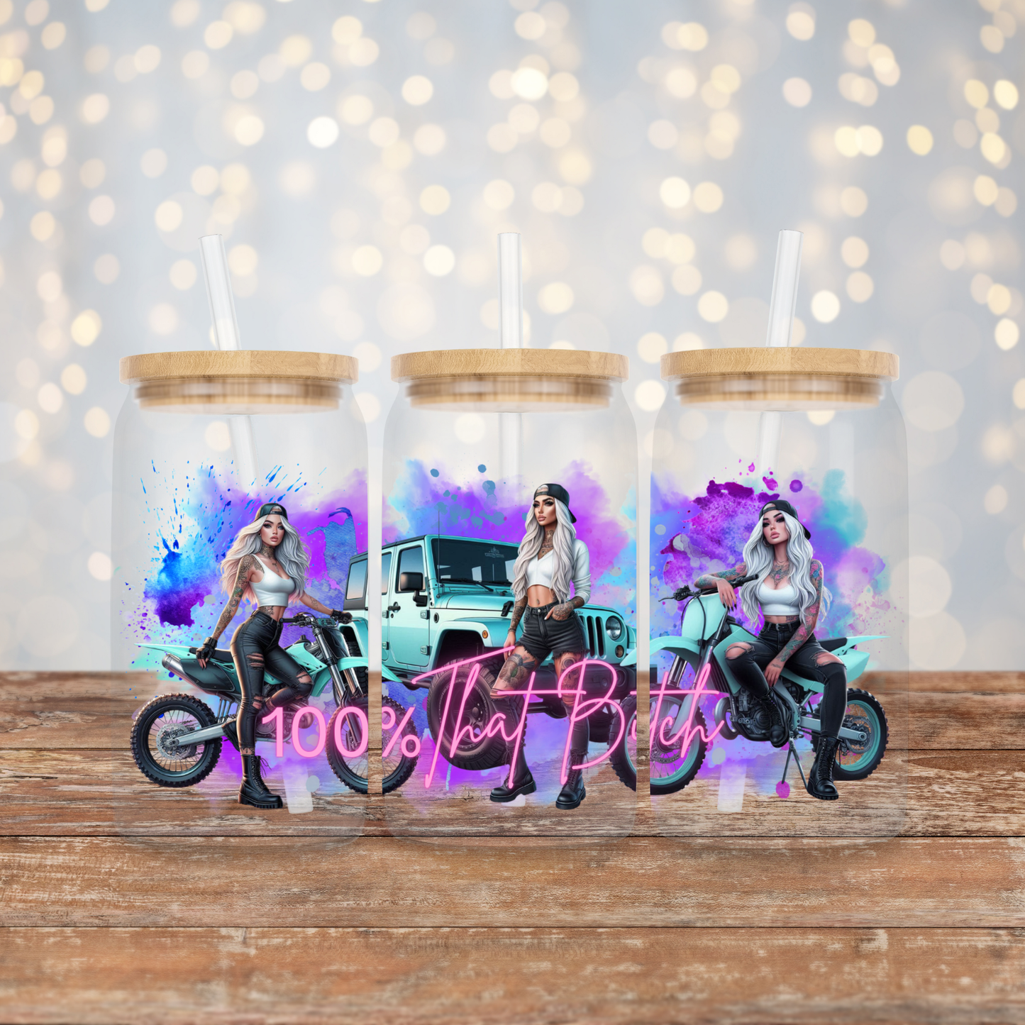 Aqua Dirt Bikes and a Jeep, Inked Girls, Vibrant Watercolour Digital Download 16oz UV DTF Transfer Wrap PNG Image