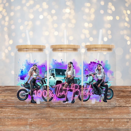 Aqua Dirt Bikes and a Jeep, Inked Girls, Vibrant Watercolour Digital Download 16oz UV DTF Transfer Wrap PNG Image