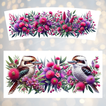 2 Kookaburras Purple Australian Native Flowers 40oz Digital Sublimation Tumbler Wrap