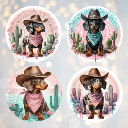 4 Pink Country/Western Dachshund Digital Sublimation Car Coaster Designs