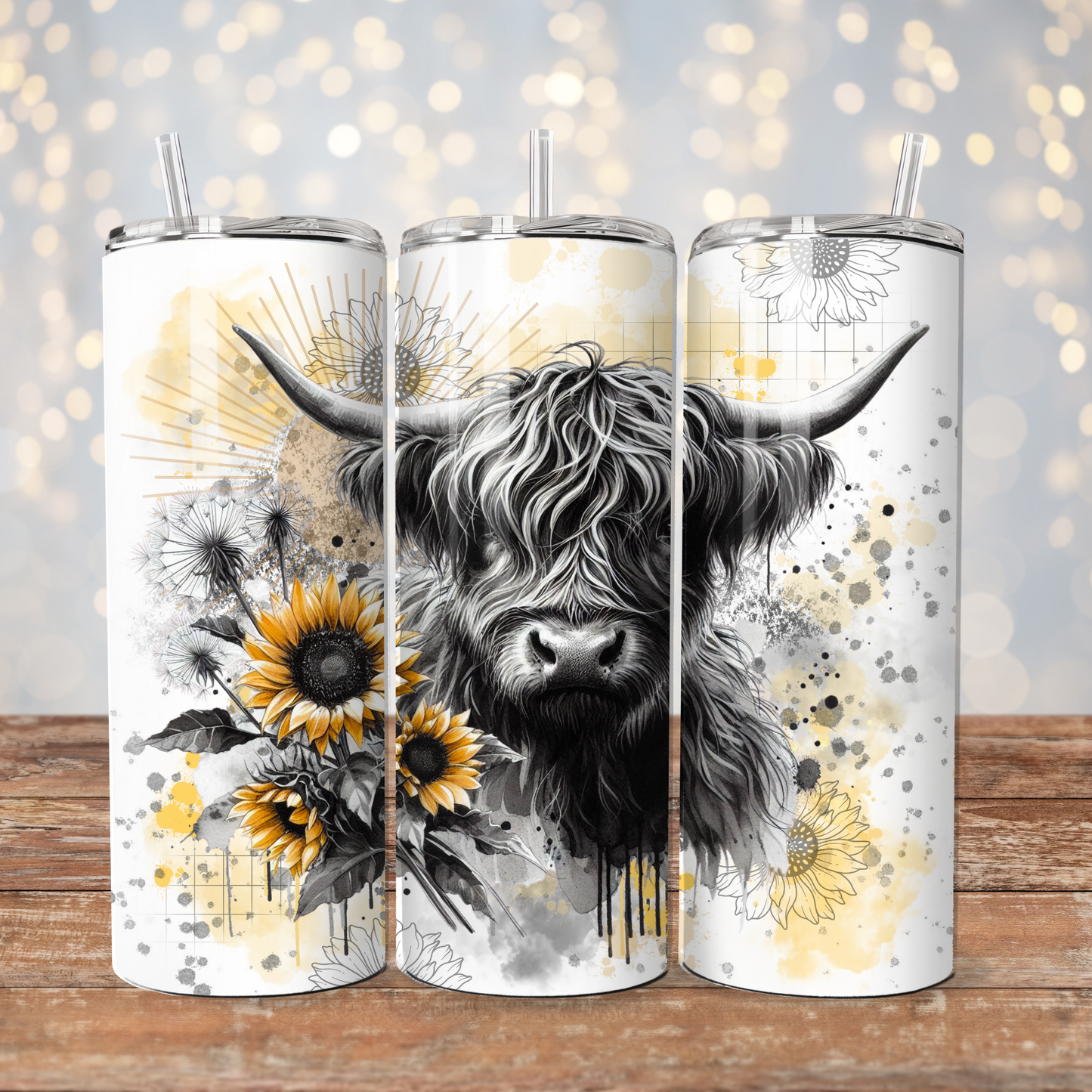 Watercolour Black and White Highland Cow with Pops Of Yellow - Digital 20oz Sublimation Tumbler Wrap