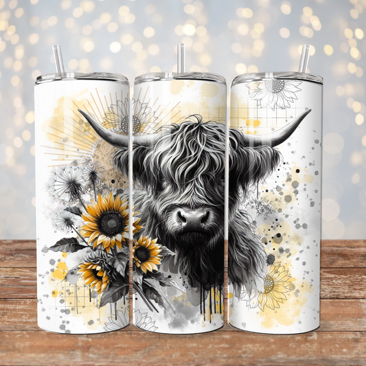 Watercolour Black and White Highland Cow with Pops Of Yellow - Digital 20oz Sublimation Tumbler Wrap