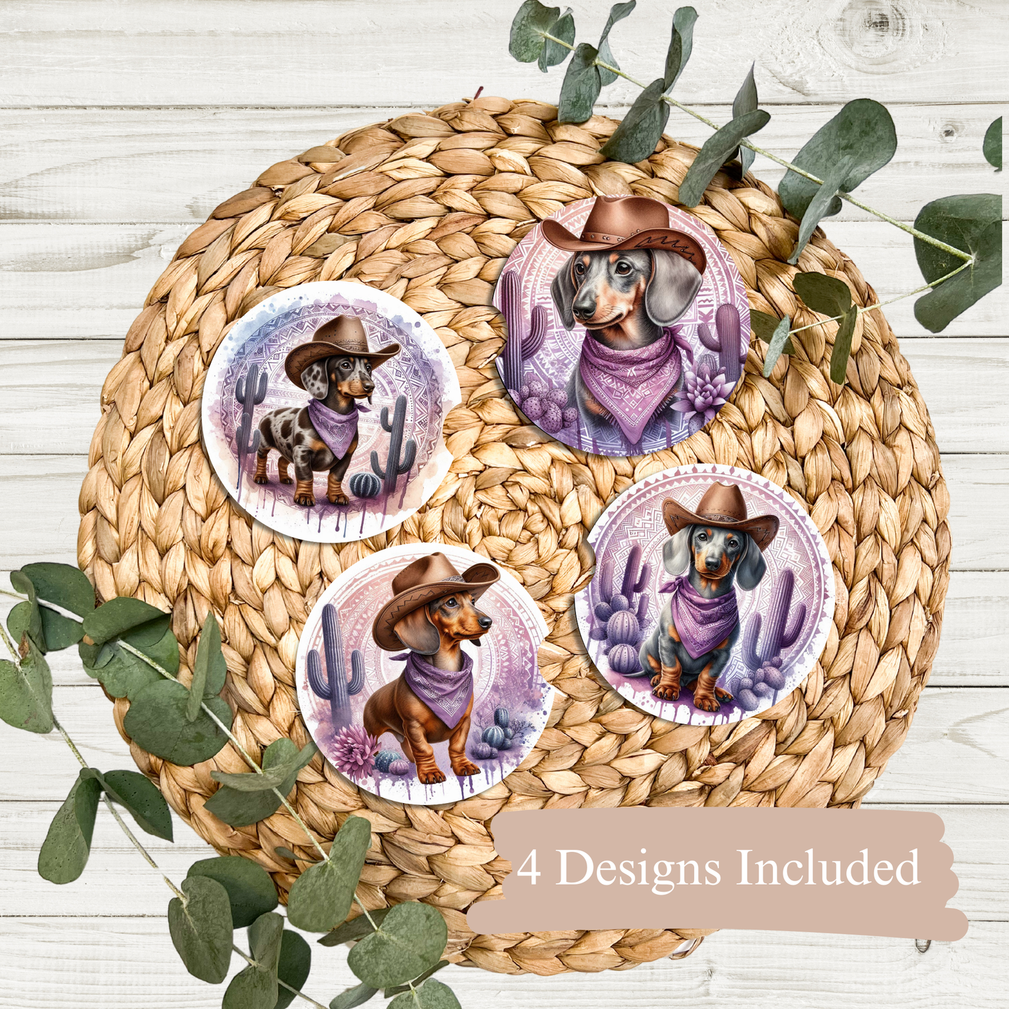 4 Purple Country/Western Dachshund Digital Sublimation Car Coaster Designs