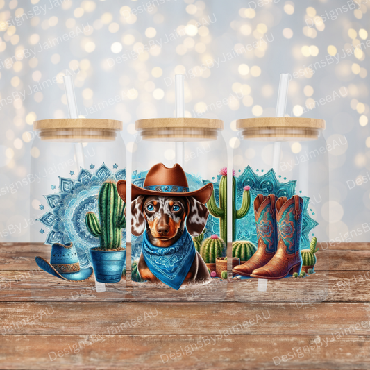 Blue Country/Western - Chocolate Dapple Dachshund Digital 16oz UV DTF Transfer Wrap PNG Image