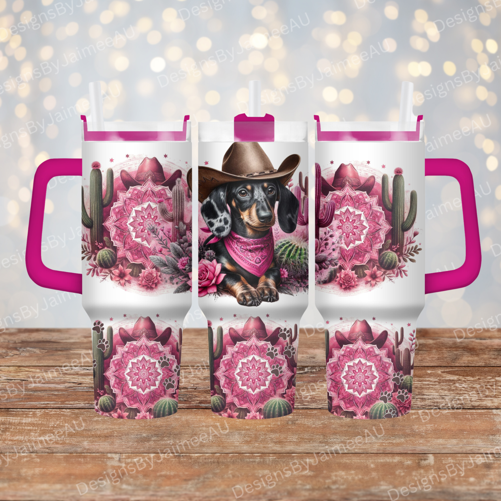 Pink Country/Western Themed Dapple Dachshund #1 40oz Digital Sublimati ...