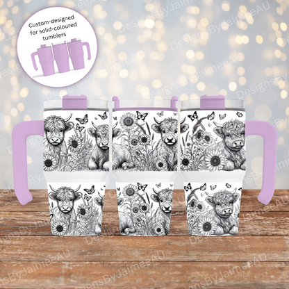 Highland Cows -Black and White Line Drawing- Digital 20oz Tumbler with Handle Wrap Design