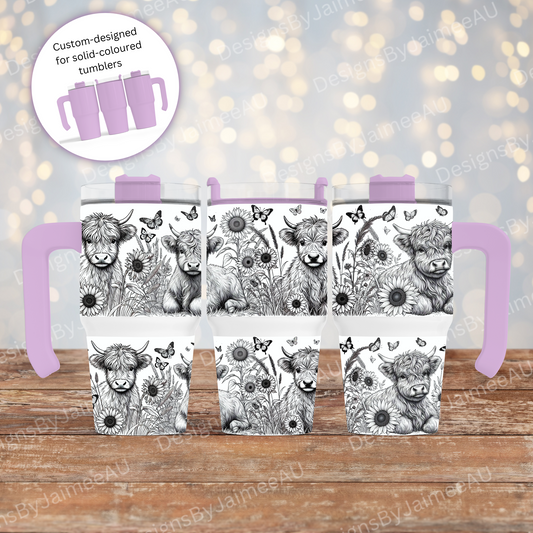 Highland Cows -Black and White Line Drawing- Digital 20oz Tumbler with Handle Wrap Design
