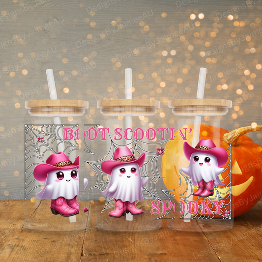 Cute Cowgirl Ghost "Boot Scootin' Spooky" Digital 16oz UV DTF Transfer Wrap PNG Image