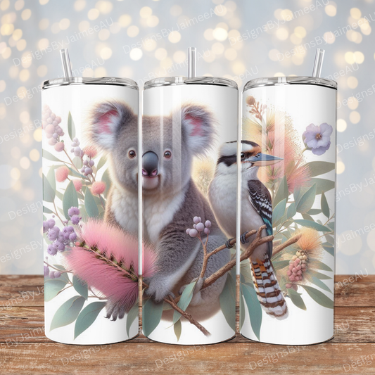 Pastel Watercolour - Koala and Kookaburra Digital 20oz Sublimation Tumbler Wrap