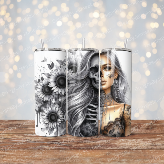 Black and White Sunflowers-Watercolour Skeleton Woman Digital 20oz Sublimation Tumbler Wrap