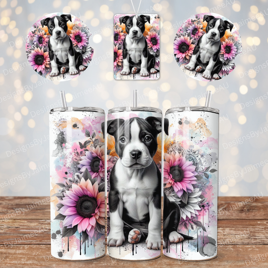 Pastel Watercolour Staffy - Sunflowers Set - Includes Digital 20oz Sublimation Tumbler Wrap, Car Coaster and Air Freshener Designs