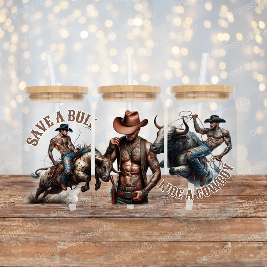 Save a Bull, Ride a Cowboy 16oz UV DTF Transfer Wrap PNG Image