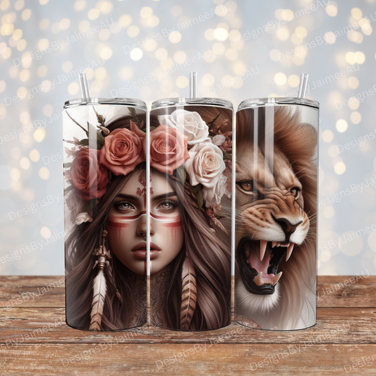 Earthy Roaring Lion and Warrior Woman, Flower Crown Digital 20oz Sublimation Tumbler Wrap