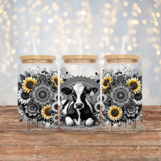 Black and White Cow with Pops of Yellow, Mandala and Sunflowers Digital Download 16oz UV DTF Transfer Wrap PNG Image
