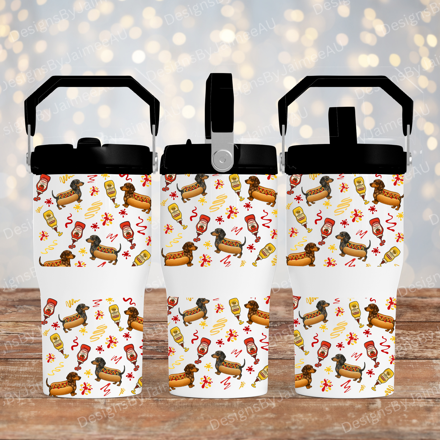 "HotDogs" - Dachshund Design - Digital 20oz Tumbler with Flip Lid/Handle